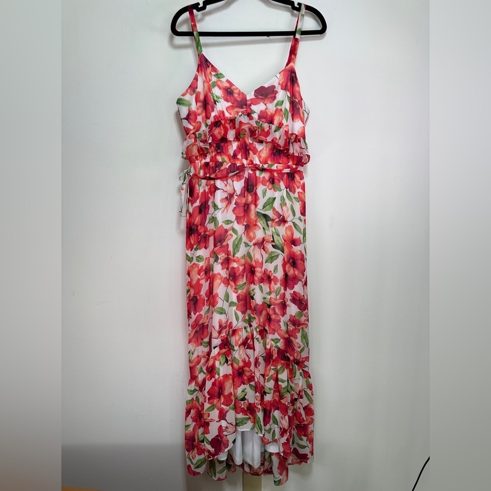 Calvin Klein Red Floral High Low Ruffle Midi Dress Size 8 NWOT